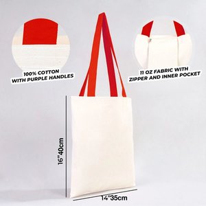 Canvas and PU 14 X 16 (35x40 Cm) <b>Purse</b> with <b>Red</b> Handles Open Closure Embroidery and Letter Decoration for Summer and Autumn - Product Image 3
