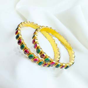 Aasma 925 Silver Bangles with <b>Ruby</b> & Emerald Kempu Stone Gold Plated Single Piece Fashion Bangle - Product Image 4
