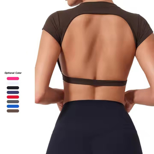 เสื้อโยคะแขนสั้นเปิดหลังผ้าทวีตสำหรับผู้หญิงเสื้อโยคะแขนสั้นสำหรับฝึกซ้อมวิ่งยิมสั่งทำสีได้ - Product Image 3