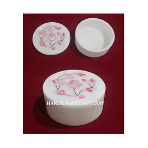 New Designer Gorgeous And Corporate Gift Box Round Shape Handmade White Marble Pink Inlay Mother Of Pearl Box With Multi Purpose