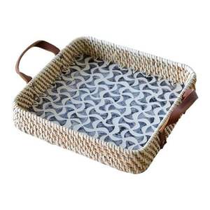 Hot Selling Rattan <b>MOP</b> Square Serving Tray with Leather <b>Handle</b> for Table and Kitchen Wares Direct Wholesale From Vietnam - Product Image 1