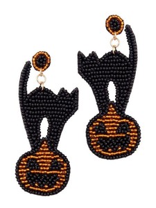 Halloween Classic Style Seed Beaded Black Cat <b>and</b> Pumpkin <b>Earrings</b> Embroidery Jewelry for Women <b>and</b> Girls with <b>Pearls</b> <b>Diamonds</b> - Product Image 3