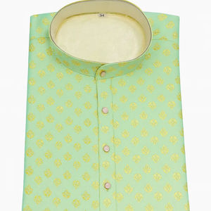 Brocart vert menthe Kurta pour hommes Vêtements ethniques traditionnels pour mariages Festivals Broderie traditionnelle droite Kurta dorée - Product Image 1