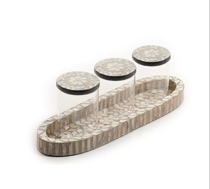 Ensemble de plateau en résine incrustée de nacre grise, élégant et moderne, écologique, plateau de service durable pour les fêtes, fruits secs, noix - Product Image 1