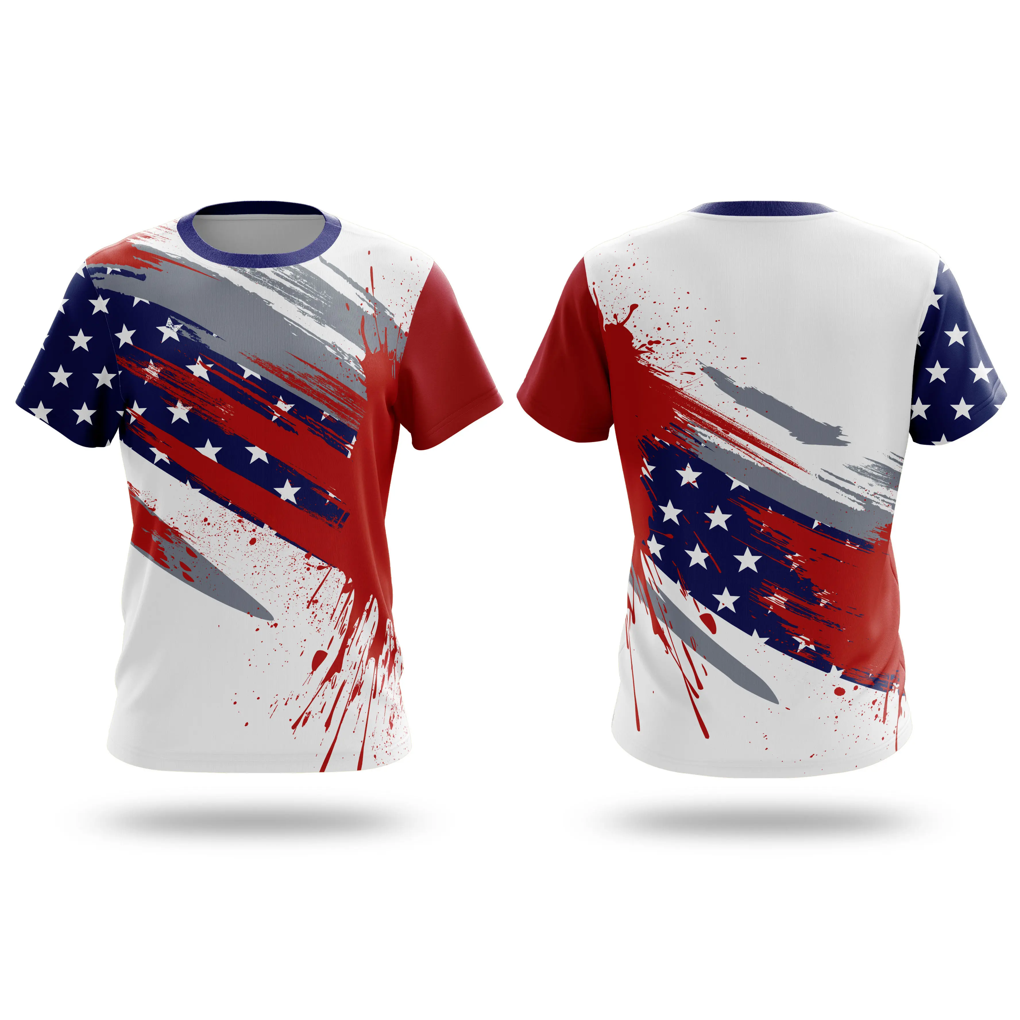 Camiseta masculina com gola redonda com elementos de bandeira abstrata de tecido spandex personalizado com desenho AI