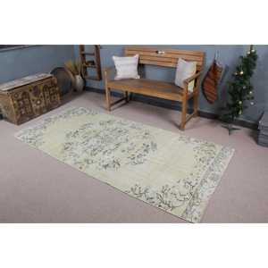 Turkish Vintage Rug 3.7x8.2 ft, <b>Yellow</b> Area Floral <b>Wool</b> Rug - Product Image 1