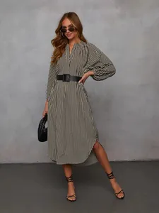 Abito midi da donna <span class=keywords><strong>a</strong></span> righe, vestibilità ampia, scollo <span class=keywords><strong>a</strong></span> V, maniche <span class=keywords><strong>a</strong></span> <span class=keywords><strong>palloncino</strong></span>, spacco laterale, casual ed elegante - Product Image 4