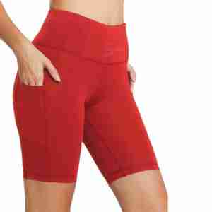 Shorts cyclistes taille haute rouges pour femme, en tricot de spandex et polyester respirant, avec taille élastique, couleur unie, pour le sport, l'entraînement et le yoga - Product Image 2