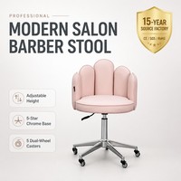 Tabouret de Barbier Rose Poudré avec Dossier en Forme de Pétale, Hauteur Réglable, Base Chromée à Cinq Branches, Tabouret de Coiffure Roulant pour Salon