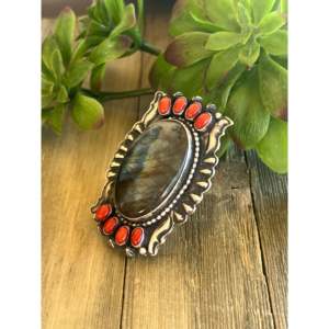 Shawn Cayatineto Vintage <b>Statement</b> <b>Ring</b> Sterling Silver Gemstone <b>Ring</b> with Coral Bezel Setting Size 7 Everyday Wear - Product Image 4