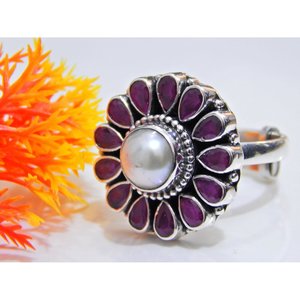 Anillo de perlas de rubí Natural de Plata de Ley 925, anillo de bodas ajustable hecho a mano, regalo para niñas y mujeres, - Product Image 3