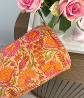 Grande trousse de voyage indienne artisanale en coton vintage à motif floral orange, avec fermeture éclair, écologique, durable, résistante à l'eau et personnalisable