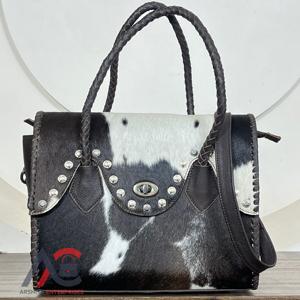 Bolso de Mano de Cuero Vacuno Genuino de Diseño Único para Mujer, Bolso de Cuero con Pelo Hecho a Mano con Asas Trenzadas y Correa para el Hombro - Product Image 1