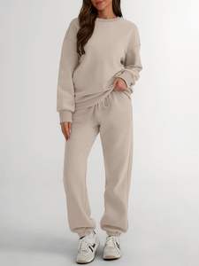 Conjunto de chándal sólido con hombros caídos de alta calidad para mujer, ropa de calle personalizada, conjunto de dos piezas para invierno, venta al por mayor por fabricante - Product Image 4