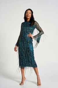 Vestido MIDI con flecos y mangas acampanadas y tul transpirable antiestático para fiestas y ocasiones casuales con colocación de logotipo frontal - Product Image 4