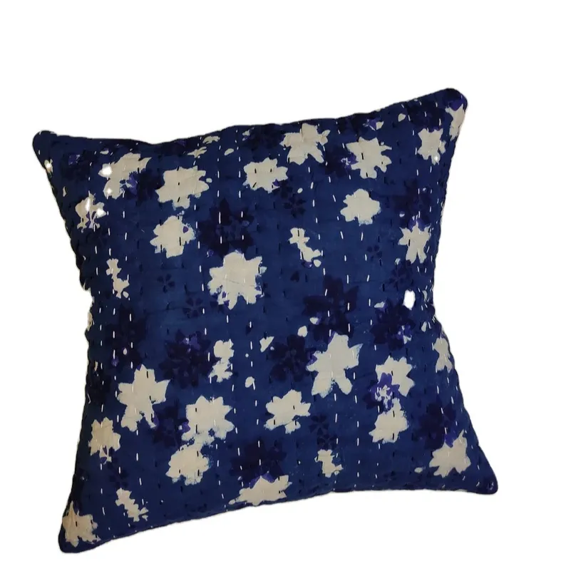 40cm x 40cm Blue Indigo Floral Kantha Cushion Cover Soft Cotton Pillow Case Handmade Decorative Standard Cushion Cases 16x16"