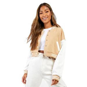 Women's Trendy Cropped Letterman Jacket Varsity Coat with Embroidery Decoration Custom Winter Clothes Wool Body Leather Sleeves - Product Image 4