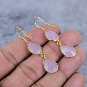 Boucles d'oreilles pour femmes en argent sterling 925, délicates, en chalcédoine rose, forme poire, pierres précieuses, plaquées or, cadeau pour elle - Product Image 4