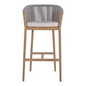 Tabouret de bar moderne en corde tressée pour extérieur, avec structure en teck massif, chaise haute de comptoir avec coussin résistant aux intempéries pour mobilier de patio et de jardin - Product Image 6