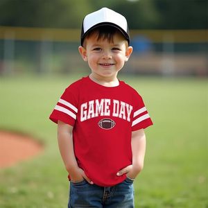 <b>Red</b> Game Day Football T-Shirt With White Stripes And Embroidered Design For Kids Sports Wear - Product Image 5