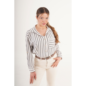 LUSTRIN Women's Black Striped <b>Linen</b> Blend Loose Draped Casual Shirt Pockets-Breathable Anti-Wrinkle Summer Spring Wholesale <b>Top</b> - Product Image 1