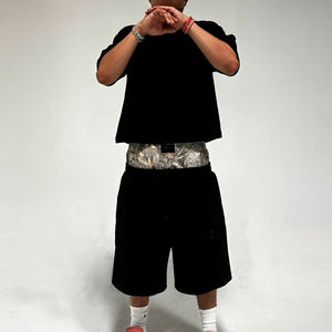 Custom Double-Waisted <b>Men's</b> Sweatpants Cotton Acid Wash with Rhinestones Knitted <b>Shorts</b> - Product Image 1