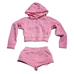 Costume de survêtement personnalisé Sweat à capuche court zippé et short Ensemble deux pièces Survêtement d'été vieilli Survêtement brodé pour femme - Product Image 1