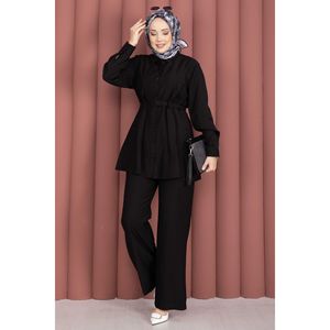 Conjunto de Dos Piezas de Pantalones y Túnica Casual de Otoño con Cinturón, Top Largo de Punto Acanalado Negro, Corte Ajustado, Talla XL, Estilo Diario, Nueva Llegada - Product Image 4