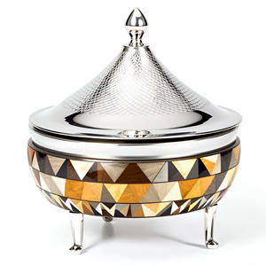 Designer Casserole with Lid Crowned Metal Stainless <b>Steel</b> Dishes & Geometric Wood Base Ideal for Sophisticated Cooking & Serving - Product Image 4