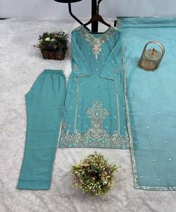 FANCY GEORGETTE BORDADO SECUENCIA TRABAJO SUPERIOR INFERIOR con DUPATTA PARTY FESTIVE WEAR SEDA ÉTNICA SALWAR KAMEEZ - Product Image 4