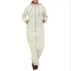 Ensemble survêtement d'hiver pour femmes grande taille de haute qualité en gros, sweat à capuche zippé et pantalon évasé, motif uni imprimé, écologique - Product Image 2