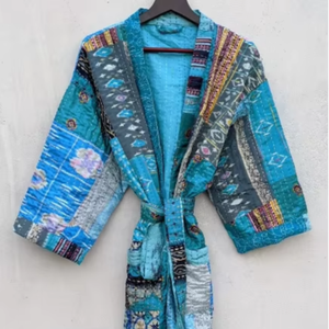 Vintage été soie Kantha luxe respirant à la main col en v Kimono Robe recyclé Patchwork cordon femmes gratuit bain Dressing - Product Image 1
