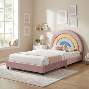 New Eco-Friendly Kids <b>Bed</b> Frame LED Upholstered Velvet Rainbow Design Twin Size for Kindergarten Bedroom Furniture Sturdy Frames - Product Image 1