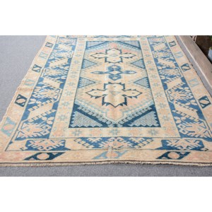 Tapis turc vintage 3.9 x 6.2ft bleu Beige Patchwork Design laine Latex technique de tissage plat pour les décorations de salon des adolescents - Product Image 3
