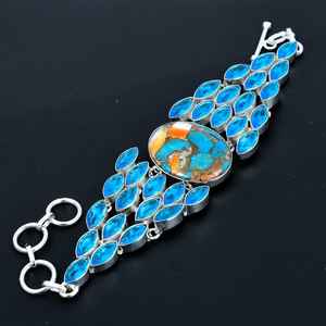 Pulsera de Plata de Ley 925 Hecha a Mano con Piedra de Nacimiento de Diciembre, Topacio Azul y Ostra Espinosa Naranja Natural para Ella - Product Image 5