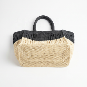 Crochet Raffia Durable Tote <b>Bag</b> <b>Women</b> Casual <b>Beach</b> Two Tone Black and Beige Hollow Out Open Top Large Capacity Parties - Product Image 5