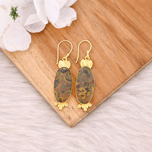 Boucles d'oreilles pendantes ethniques en laiton avec pierre de jaspe fruitée, bijoux plaqués or faits à la main, boucles d'oreilles pendantes en laiton de haute qualité, commande en gros - Product Image 2
