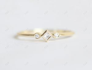 Tiny Princess Cut Bezel <b>Set</b> Moissanite Classic GRA Certified <b>Gold</b> Plated Three Stone Engagement Wedding <b>Ring</b> - Product Image 2