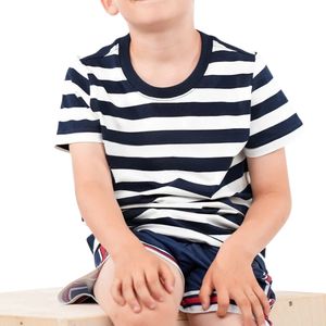 เสื้อยืดเด็กคอตตอน 100% สัมผัสนุ่ม สกรีนแบรนด์ได้ตามต้องการ ทรงปกติ สีกรมท่า-ขาว เสื้อยืดเด็ก คอกลม แขนสั้น ลายทาง - Product Image 2