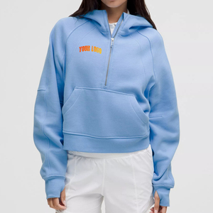 Sudaderas con capucha de mujer hechas a medida logotipo impreso personalizado sudaderas con capucha de hombro caído de gran tamaño mujeres media cremallera azul cielo sudadera de mujer - Product Image 1