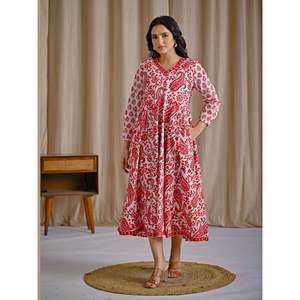 Vestido Anarkali de Algodón Estampado a Mano en Blanco y Rojo, Ropa Americana - Product Image 3