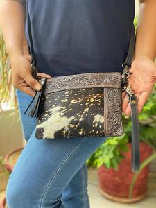 Bolso de Piel Metálica para Mujer, Bolso de Piel de Vaca, Estampado Occidental, Tallado a Mano, Borla de Cuero Bohemio, Novedad - Product Image 5