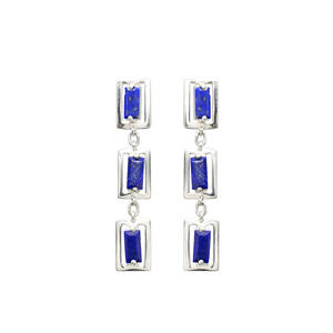 <b>Hot</b> Selling 925 Sterling Silver 3-<b>Stone</b> Gemstone Dangler Earrings 7X3.5mm Baguette Cut Lapis Lazuli Push Back Statement Earrings - Product Image 1