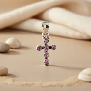 Colgante de Cruz con Gema Rosa Chapado en Rodio de Plata de Ley 925 para Mujer - Product Image 1