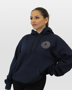 Sudadera con capucha clásica de gran tamaño para mujer con hombro caído de alto impacto, cremallera azul marino, cuello con capucha antiarrugas y transpirable - Product Image 4