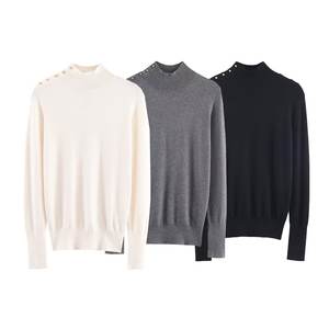 Suéter de Punto Personalizado OEM y ODM con Cuello en V para Mujer, Holgado, de Color Sólido, con Logotipo Frontal, 100% Algodón - Product Image 3