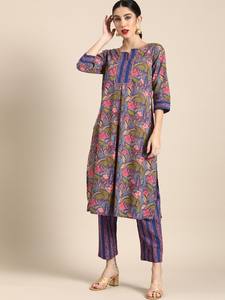 Mujeres étnicas púrpura floral impreso puro algodón Kurta con pantalones indio pakistaní salwaar kameez traje - Product Image 5