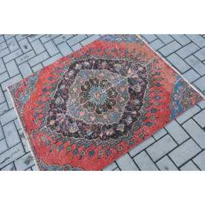 Alfombra Turca, Alfombra Pequeña de 3.3x4.1 pies, Alfombra de Lana Roja y Azul - Product Image 2