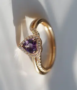 14K Gold Heart-Shaped Amethyst and Diamond Ring, Ideal for Engagements and Special Occasions for her