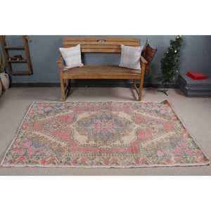 Turkish Rug, Area 4.2x6.8 ft Vintage Rug, <b>Red</b> Floral <b>Wool</b> Rug - Product Image 2